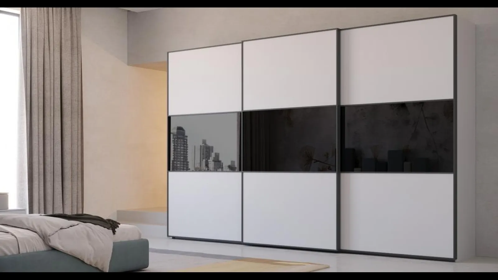 Armadio con anta scorrevole in laccato opaco con inserto in laccato Nero lucido con TV integrato Vision di Giessegi