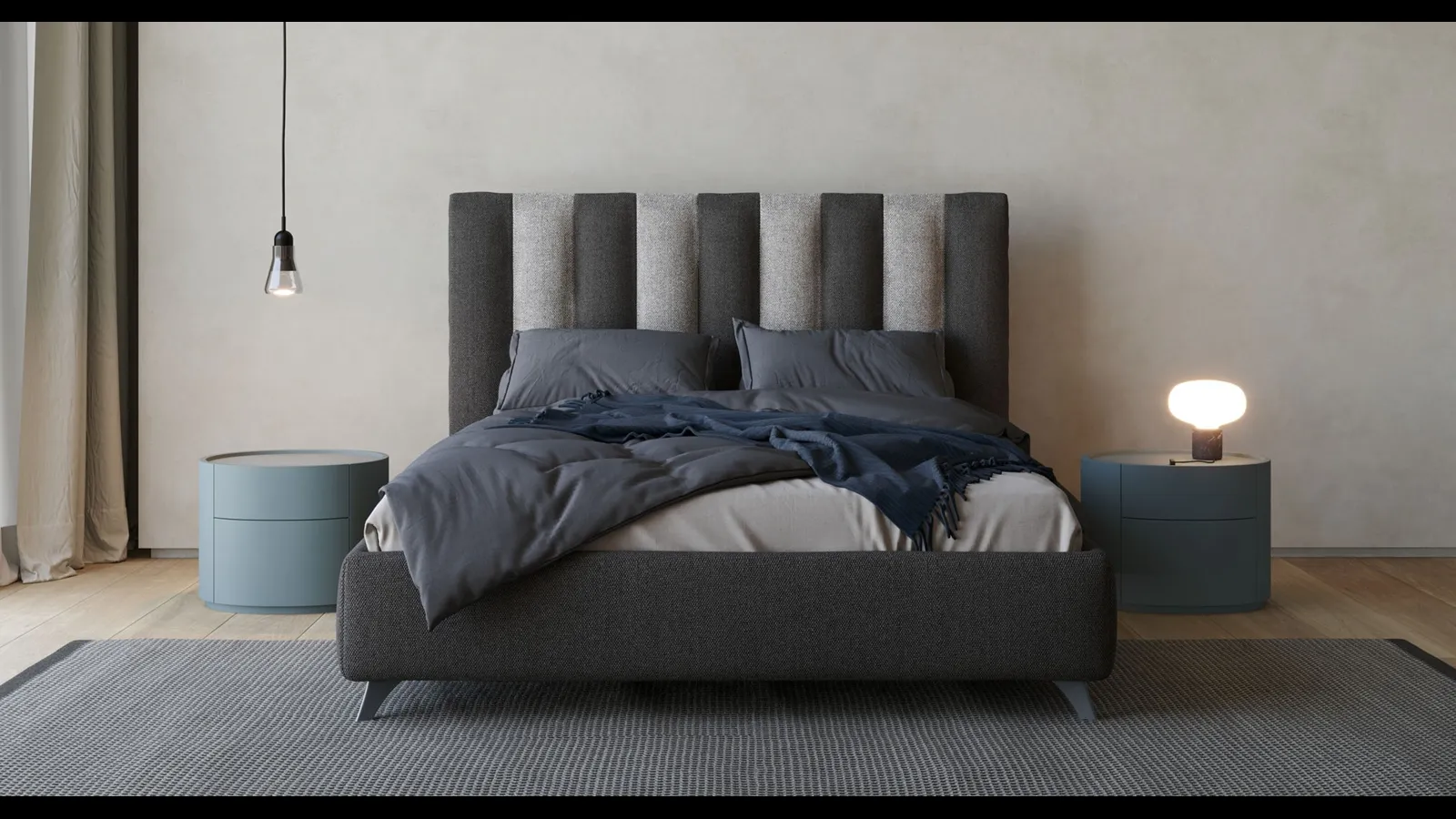 Letto con testiera alta in tessuto imbottito con trapuntatura verticale in due colori a contrasto River di Giessegi