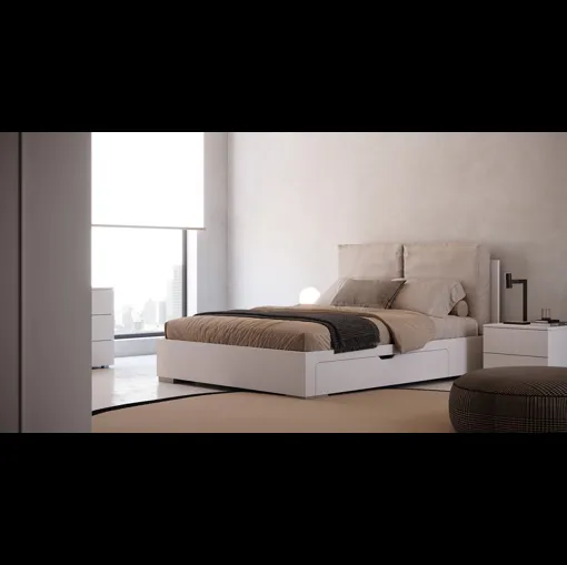 Letto contenitore Scrigno in laccato opaco con testiera in tessuto imbottito di Giessegi