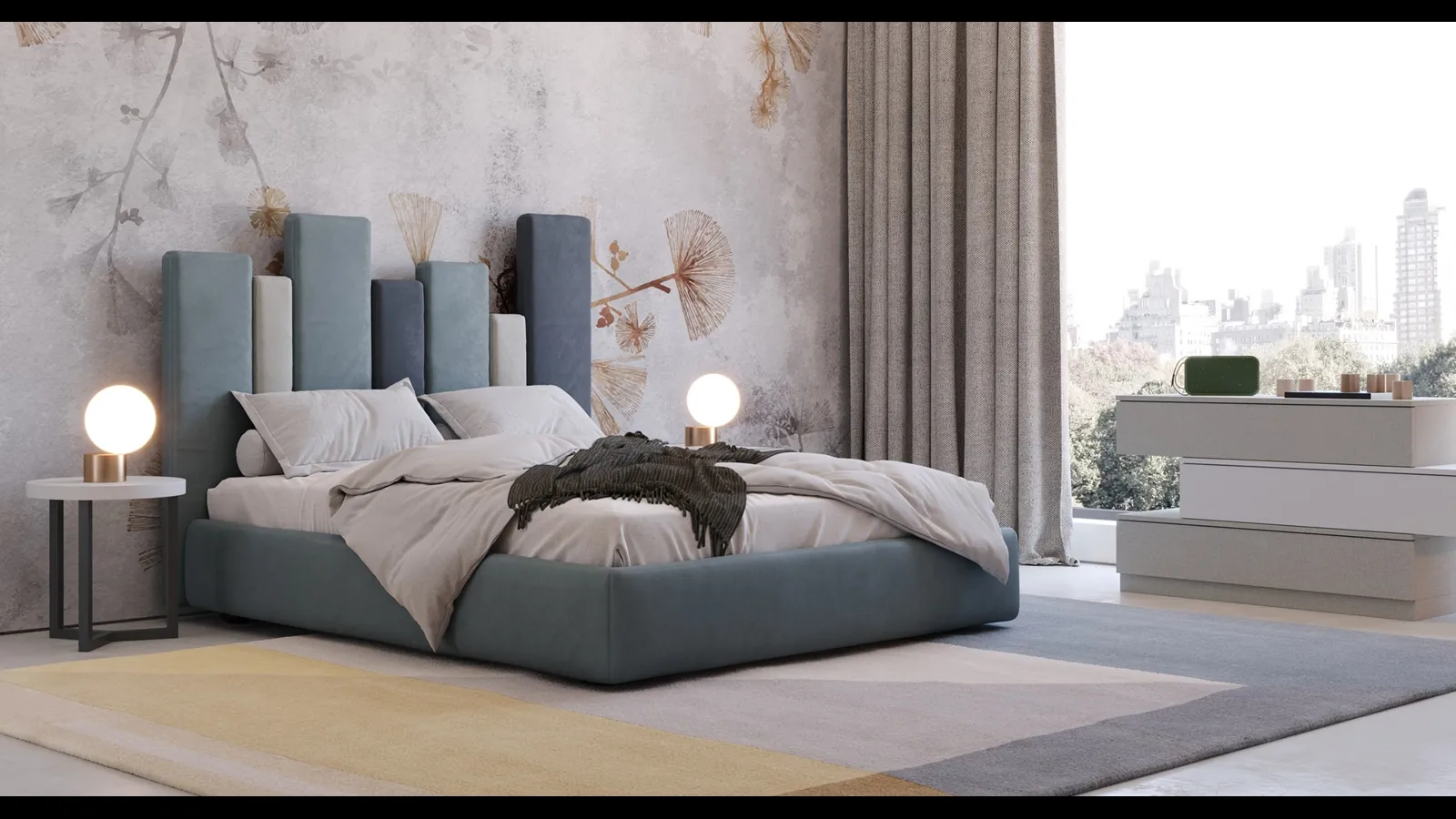 Letto di design in ecovelluto con originale testiera asimmetrica Sidney di Giessegi