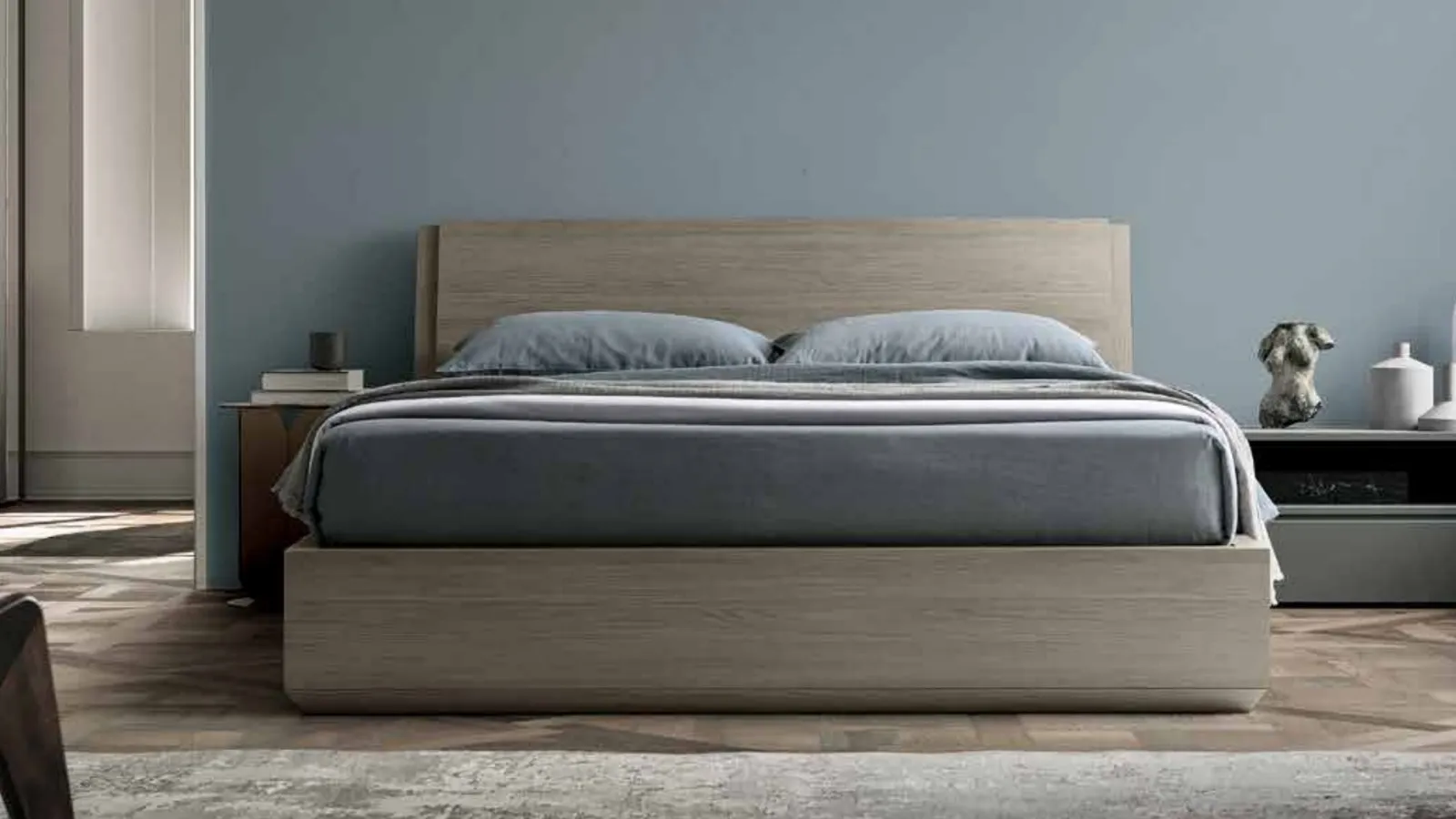 Letto finitura Matwood Grey con testiera e contenitore Tod di SantaLucia