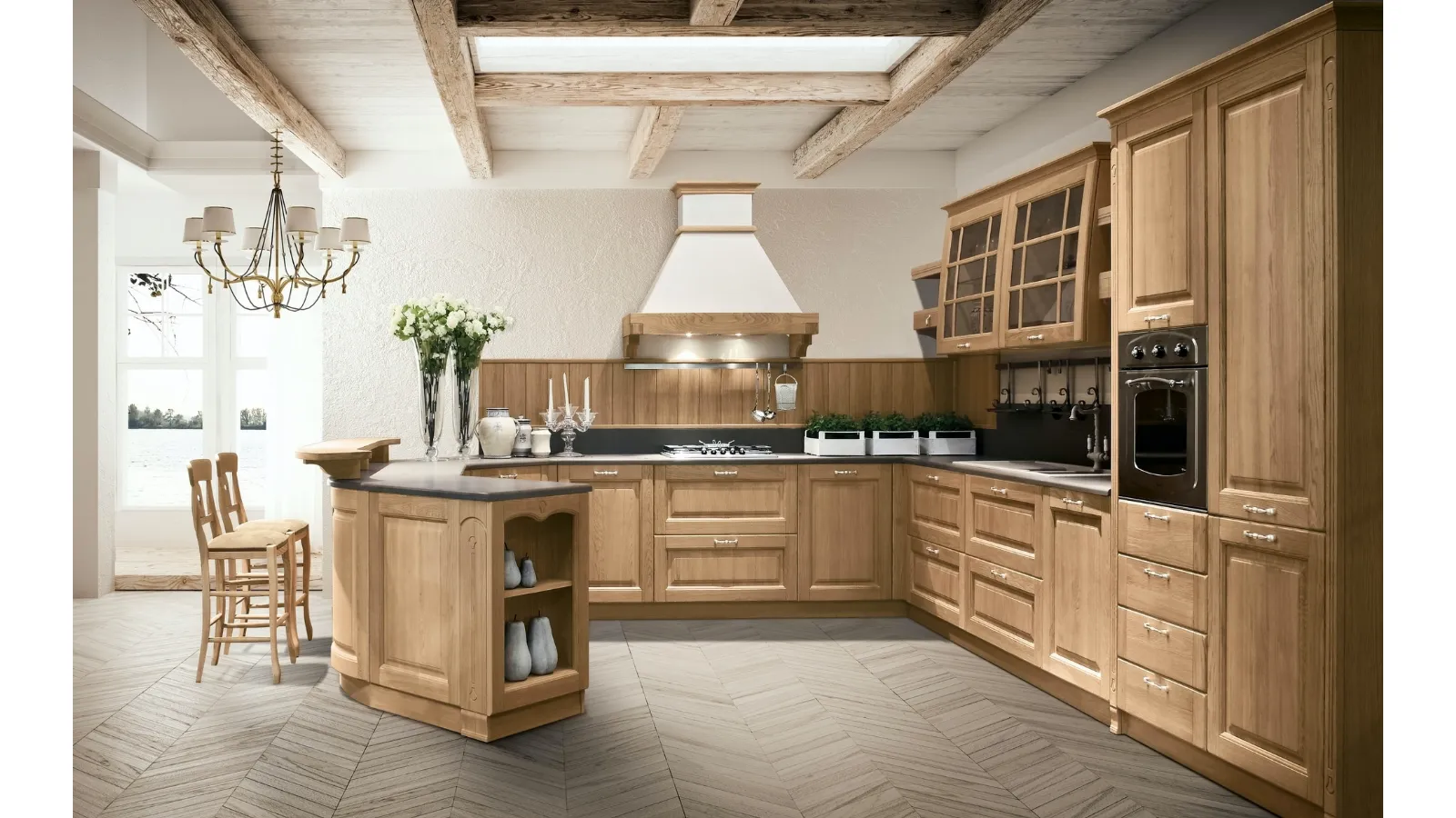 Cucina Classica ad angolo con penisola Bolgheri v08 in Rovere Natura con top in laminato Corten Sabbia di Stosa