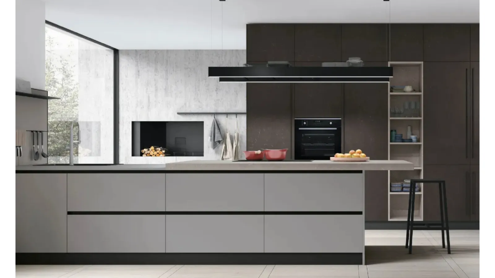 Cucina Moderna con penisola Infinity v07 in materico Cemento e Fenix Grigio con top in Graniglia di Stosa